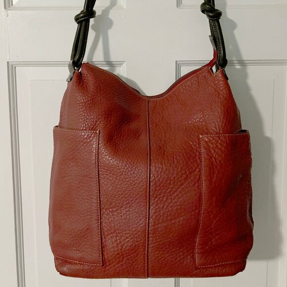 Sundance Catalog Red Pebble Leather bucket bag with big side pockets - Picture 2 of 5